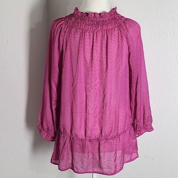 LOFT Pink & Black Polka-dot Sheer Blouse, Ruffled Hemline & Collar, Size Medium - Picture 9 of 11